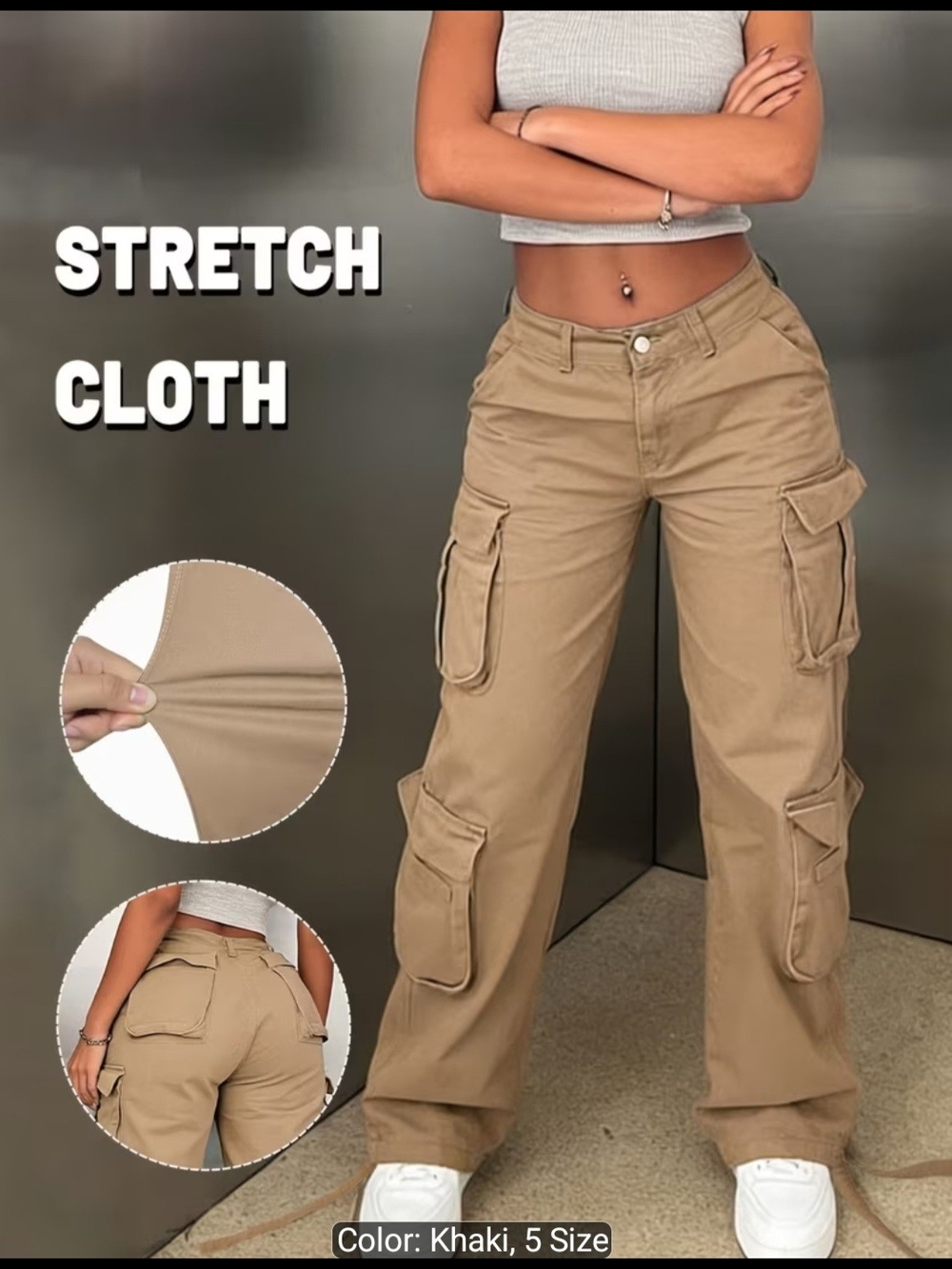 Women's Khaki Wide-Leg Cargo Pants with Stretch